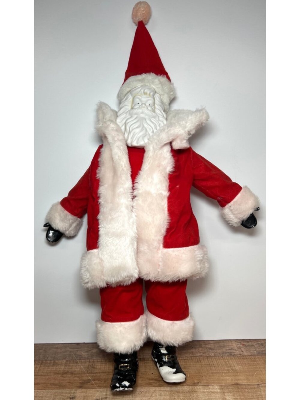 Vintage Porcelain Santa Claus Figurine With Red Velvet Suit & Faux Fur Trim
